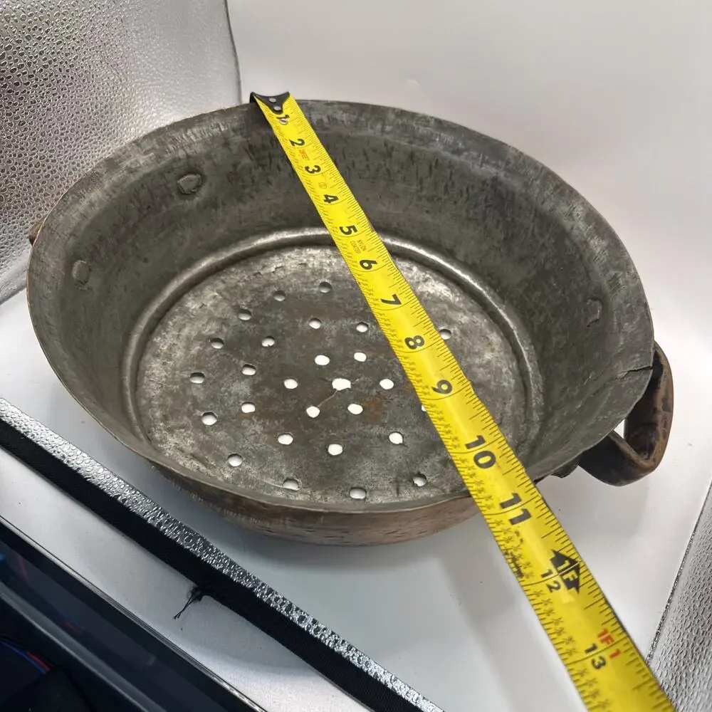 Antique Hand Hammered Copper Colander With Riveted Handles Heavy